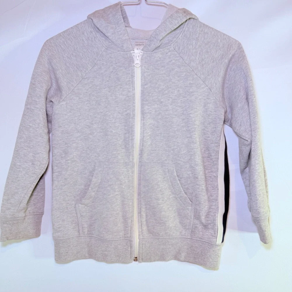 Carters Kids Heather Gray Zip Up Hoodie Navy Side Stripe Fleece Sweatshirt 8/8A